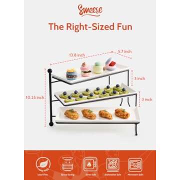 Sweese 3 Tiered Serving Stand, Foldable Rectangular Food Display Stand with White Porcelain Platters - Serving Trays, Dessert Display Server for Brithday Party, Valentine's Day and Events