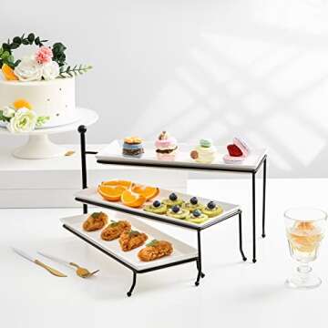 Sweese 3 Tiered Serving Stand, Foldable Rectangular Food Display Stand with White Porcelain Platters - Serving Trays, Dessert Display Server for Brithday Party, Valentine's Day and Events