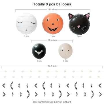 Cheerland Halloween Garland Balloon Kit Pumpkin Cat Ghost Bat Balloon with Paper Garland Photo Booth Background Decorations For Themed Birthday Baby Shower Halloween Party Supplies - Pack of 13