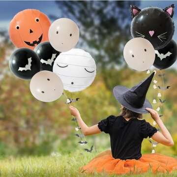 Cheerland Halloween Garland Balloon Kit Pumpkin Cat Ghost Bat Balloon with Paper Garland Photo Booth Background Decorations For Themed Birthday Baby Shower Halloween Party Supplies - Pack of 13