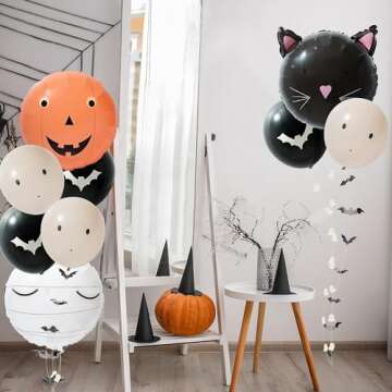 Cheerland Halloween Garland Balloon Kit Pumpkin Cat Ghost Bat Balloon with Paper Garland Photo Booth Background Decorations For Themed Birthday Baby Shower Halloween Party Supplies - Pack of 13