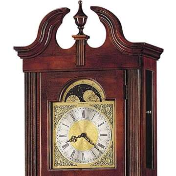 Howard Miller Chateau Floor Clock, Lockable Glass Door Wood Finish Adjustable Home Decor, Stationary Blue Moon Phase Chime Silence Option for Dining Area or Office Swan-Neck Pediment