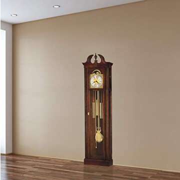 Howard Miller Chateau Floor Clock, Lockable Glass Door Wood Finish Adjustable Home Decor, Stationary Blue Moon Phase Chime Silence Option for Dining Area or Office Swan-Neck Pediment