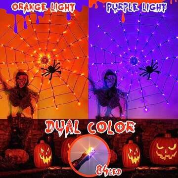 ​​PABIPABI Halloween Spider Web Lights, 4FT Light up Spider Web Outdoor with 84LED and 8 Modes, Halloween Decorations Outside for Party Yard Bar Haunted House (Orange & Purple)