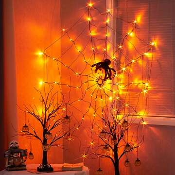 ​​PABIPABI Halloween Spider Web Lights, 4FT Light up Spider Web Outdoor with 84LED and 8 Modes, Halloween Decorations Outside for Party Yard Bar Haunted House (Orange & Purple)