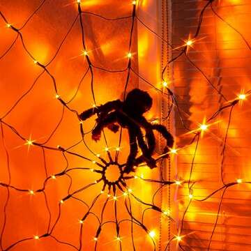 ​​PABIPABI Halloween Spider Web Lights, 4FT Light up Spider Web Outdoor with 84LED and 8 Modes, Halloween Decorations Outside for Party Yard Bar Haunted House (Orange & Purple)