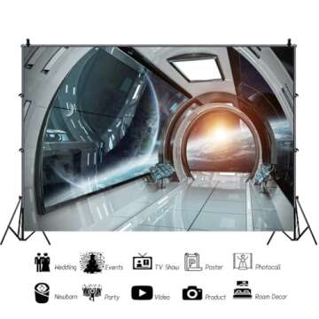 AOFOTO 8x6ft Spaceship Backdrop Universe Galaxy Outer Space Station Interior Background Futuristic Science Fiction Spacecraft Cabin Photography Backdrops Boy Birthday Decor Photo Shoot Studio Props