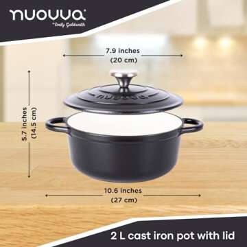 Cast Iron Dutch Oven with Lid – Non-Stick Ovenproof Enamelled Casserole Pot – Sturdy Dutch Oven Cookware – Black, 2.1-Quart, 20cm – by Nuovva