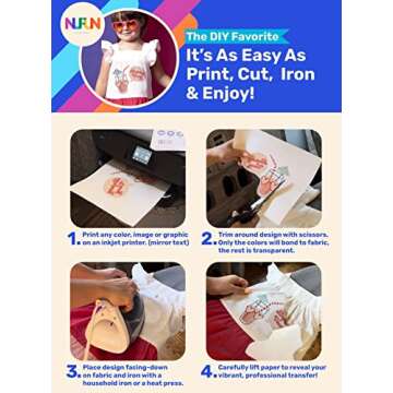 NuFun Activities Printable Iron-on Heat Transfer Paper for T Shirts, Light Fabrics, 100 Sheets 8.5 x 11 inch, Long Lasting, Durable, Professional Quality, Easy DIY, Non-Toxic, Made In the USA