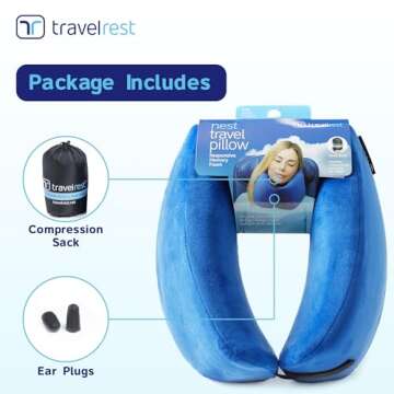 TRAVELREST Memory Foam Travel Pillow/Neck Pillow - Advanced Neck Support for Long Flights - Patented Design for Optimal Relaxation - Unmatched Sleep - Machine Washable - (Blue, Nest)