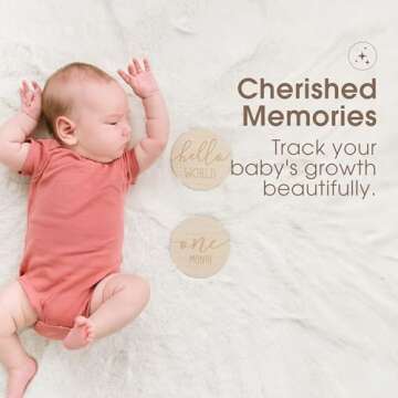 Pearhead Wooden Monthly Milestone Photo Cards - 7 Double-Sided Engraved Discs for Baby Announcement and Milestones, Gender-Neutral Photo Props for Newborn Boy and Girl, Light Wood