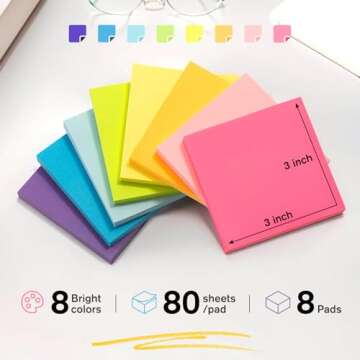 HappyHapi Sticky Notes 3x3 Inches Bulk 8 Pack Colored Self-Stick Pads, Colorful Sticky Notes 80 Sheets/Pad, Easy to Post for Office Supplies, School, Home