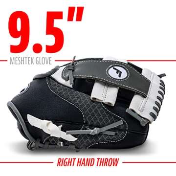 Franklin Sports Kids Baseball Gloves - Meshtek Child's Tball Glove + Ball Set - Boys + Girls Teeball Mitt Set - Kids + Toddler - Right Hand Throw - 9.5",Black/Graphite/White