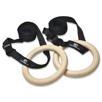 Garage Fit Wood Gymnastic Rings - Gym Rings, Fitness Rings, Exercise Rings, Workout Rings, Olympic Rings, Gymnast Rings, Gymnastics Rings (Black Strap, 1.1")