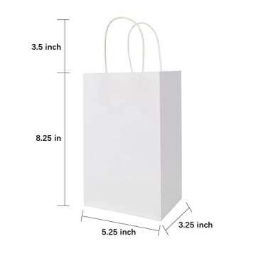 Oikss 100 Pack 5.25x3.25x8.25 Inch Small White Kraft Paper Bags with Handles Bulk for Birthday Wedding Party Favors Grocery Retail Shopping Business Goody Craft Gift Bags Cub Sacks (100pcs Count)