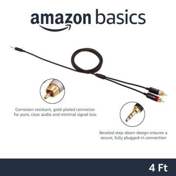 Amazon Basics 3.5mm Stereo Aux to 2 x RCA Audio Cable Adapters, 4 Feet/1.2 m, for Connecting Amplifiers, Speakers, with Gold-Plated Plugs, Black