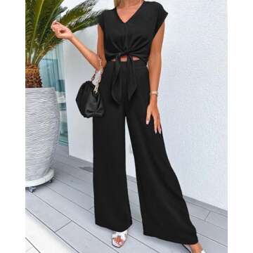 PRETTYGARDEN Women's Summer 2 Piece Outfits 2024 Cap Sleeve V Neck Belted Crop Tops Wide Leg Pant Sets Casual Tracksuit