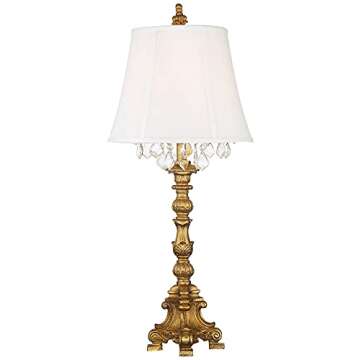 Barnes and Ivy Duval Traditional French Style Table Lamp 34" Tall Bright Gold Candlestick Crystal White Fabric Bell Shade for Living Room Bedroom House Bedside Nightstand Home Office Entryway