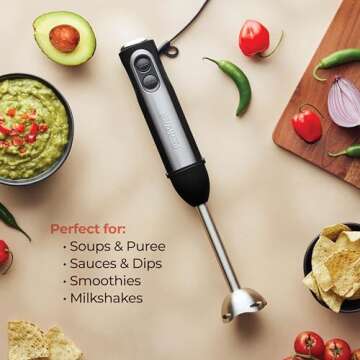 Powerful Immersion Blender, Electric Hand Blender 500 Watt with Turbo Mode, Detachable Base. Handheld Kitchen Gadget Blender Stick for Soup, Smoothie, Puree, Baby Food, 304 Stainless Steel Blades