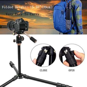 YoTilon Tripod for Camera,Lightweight Travel Camera Tripod with Handle,Camera Tripod Stand for DSLR,1/4 Plate for Canon Nikon Sony,Best Choice for Travel and Work to Take Vlogging Or Photos