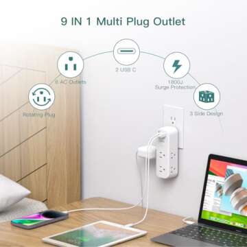 Surge Protector Wall Outlet Extender with USB Ports - 6 AC Outlets & Rotating Plug