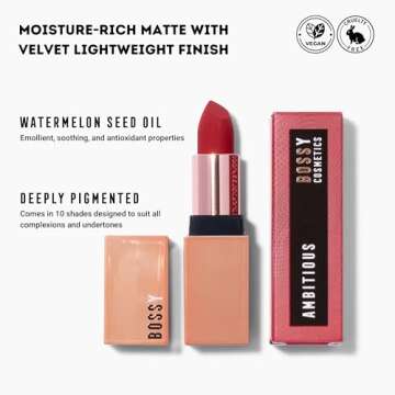 Bossy Cosmetics Vegan Lipstick for Women, Matte, Long Lasting, Hydrating Lip Stick with Vitamin E and Watermelon Seed Oil, Vegan Makeup, Paraben and Cruelty Free (Ambitious - Red Color)