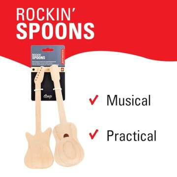 Kikkerland Set of Two Novelty Guitar Wooden Spoons for Kitchen – Beechwood, Heat Resistant, Use with Non-Stick Cookware – Unique Gift for Music Lovers and Cooking Enthusiasts