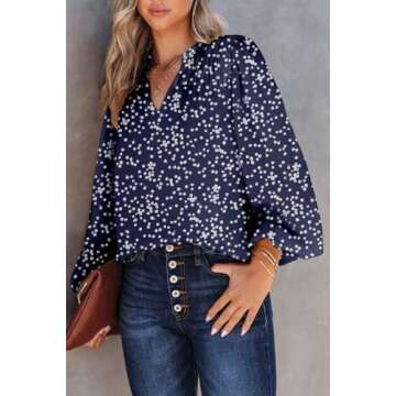 Dokotoo Womens Juniors Summer Tops 2024 Fashion Trendy Casual Dressy Fall Smocked Long Sleeve T Shirts Alicia Flower Print V Neck Business Work Tunic Bohemian Floral Top Medium Blue