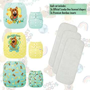 Simple Being Reusable Baby Cloth Diapers Adjustable Size, Double Gusset, Waterproof Cover, 3 Pack with 3 Inserts Scooby Doo (I Ruv You)