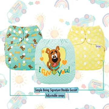 Simple Being Reusable Baby Cloth Diapers Adjustable Size, Double Gusset, Waterproof Cover, 3 Pack with 3 Inserts Scooby Doo (I Ruv You)