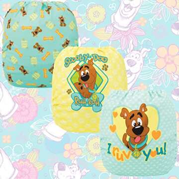 Simple Being Reusable Baby Cloth Diapers Adjustable Size, Double Gusset, Waterproof Cover, 3 Pack with 3 Inserts Scooby Doo (I Ruv You)