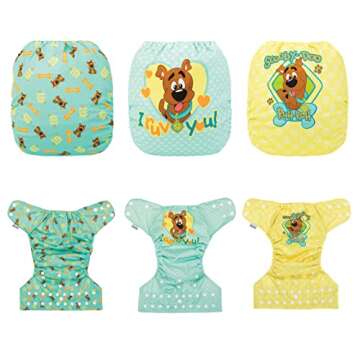 Simple Being Reusable Baby Cloth Diapers Adjustable Size, Double Gusset, Waterproof Cover, 3 Pack with 3 Inserts Scooby Doo (I Ruv You)