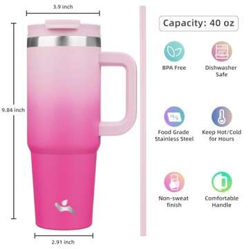 Konokyo 40 oz Tumbler with Handle and 2 Straws,2 in 1 Lid Insulated Water Bottle Stainless Steel Travel Coffee Mug,Cherry Blossoms