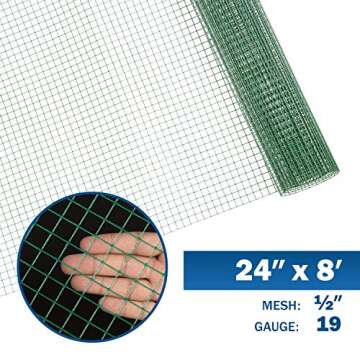 Fencer Wire 19 Gauge Green Vinyl Coated 1/2 Hardware Cloth Vegetables Garden Rabbit Fencing Snake Fence for Chicken Run Critters Gopher Racoons Opossum Rehab Cage Wire Window (24" x 96")