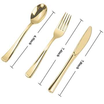 N9R 300PCS Gold Plastic Silverware, Heavy Duty Gold Plastic Cutlery Set Disposable Flatware Dinnerware, 100 Gold Forks, 100 Gold Spoons, 100 Gold Knives, Perfect for Party, Weeding and Christmas