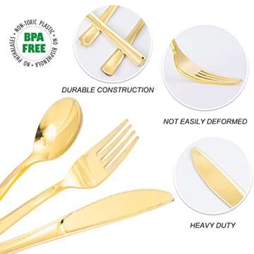 N9R 300PCS Gold Plastic Silverware, Heavy Duty Gold Plastic Cutlery Set Disposable Flatware Dinnerware, 100 Gold Forks, 100 Gold Spoons, 100 Gold Knives, Perfect for Party, Weeding and Christmas