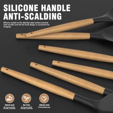 Silicone Cooking Utensils Set Utensil Sets - 446°F Heat Resistant Silicone Kitchen Utensils Set Wooden Handles, Silicone Utensils for Cooking w Holder for Non-Stick Cookware BPA FREE (Black)