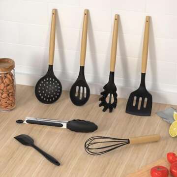 Silicone Cooking Utensils Set Utensil Sets - 446°F Heat Resistant Silicone Kitchen Utensils Set Wooden Handles, Silicone Utensils for Cooking w Holder for Non-Stick Cookware BPA FREE (Black)