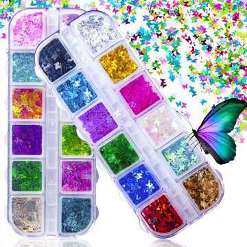 3D Holographic Butterfly Nail Glitter 24 Color/Set Butterfly Nail Glitter Sequins Laser Butterfly Nail Sequin Acrylic Paillettes for Nail Art Decoration & DIY Crafting