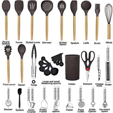 Cooking Utensils Set- 35 PCs Kitchen Utensils with Grater,Tongs, Spoon Spatula &Turner Made of Heat Resistant Food Grade Silicone and Wooden Handles Kitchen Gadgets Tools Set for Cookware