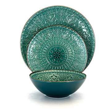 Elama Ocean Teal & Green Round Stoneware Dinnerware Set, 16-Piece