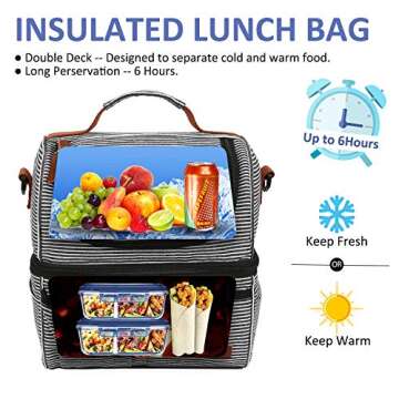 LOKASS Lunch Bags for Women Double Deck Insulated Lunch Box Large Cooler Tote Bag with Removable Shoulder Strap Wide Open Thermal Meal Prep Lunch Organizer Box for Adults/Work/Outdoor-stripes