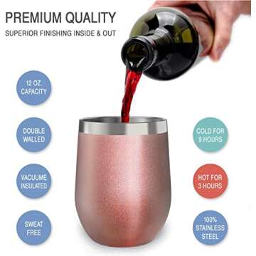 CHILLOUT LIFE 12 oz Stainless Steel Wine Tumbler with Lid & Gift Box, Double Wall Vacuum Insulated Travel Tumbler Cup for Coffee, Wine, Cocktails, Ice Cream - Rose Gold