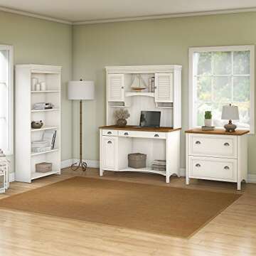 Bush Furniture Fairview Computer Desk with Hutch, Bookcase and Lateral File Cabinet, Antique White