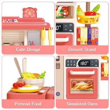 deAO Kids Kitchen Playset 50PCS Play Kitchen Toys Accessories with Sounds Lights, Cooking Stove Steam, Play Sink and Food, Pretend Kitchen Toy Gift for Toddler Aged 2 3 4 5 6 7 8 Years