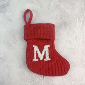 7 Inch Mini Monogram Stocking Red Christmas Initial Letter M Cable Knit Stockings with Cuffs Cute Xams Alphabet Decorations for Home Family Fireplace Hanging Gifts DIY Decor