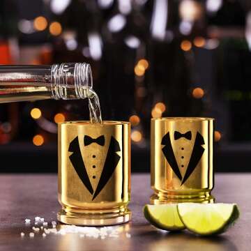 Groomsmen Tuxedo Gold Shot Glass Set of 2