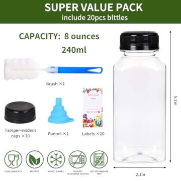 SUPERLELE 20pcs 8oz Juice Bottles, Empty Plastic Reusable Water Bottle, Clear Bulk Drink Containers with Black Tamper Evident Lids for Juicing, Smoothie, Drinking and Other Beverages