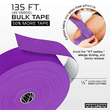 (135 Feet) Bulk Kinesiology Tape Waterproof Roll Sports Therapy Support for Knee, Muscle, Wrist, Shoulder, Back/Original Uncut Premium Therapeutic Elastic & Hypoallergenic Cotton (Purple)