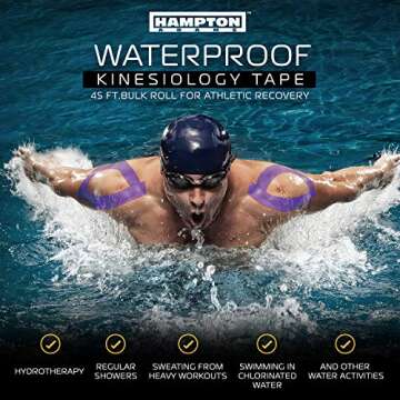 (135 Feet) Bulk Kinesiology Tape Waterproof Roll Sports Therapy Support for Knee, Muscle, Wrist, Shoulder, Back/Original Uncut Premium Therapeutic Elastic & Hypoallergenic Cotton (Purple)